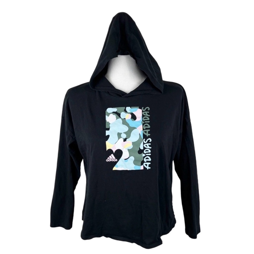 Adidas Loose Fit Black Hoodie Pastel Camo Print Graphic Tee Size Medium 10/12